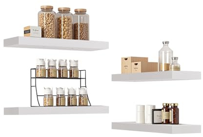 FURNITABLE Gewürzregal Wand, 4er Set Gewürzhalter Organizer Hängend aus Holz, 14x40cm Gewürzständer Küchenregal für Küche Wohnzimmer(14x40cm, Weiß)