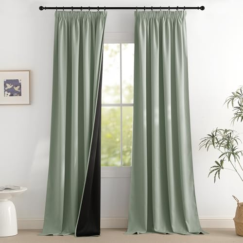 PONY DANCE Vorhang Salbeigrün Blickdicht Wohnzimmer Verdunklungsvorhänge | 2er Set H 260 x B 140 cm, Hitzeschutz, mit Kräuselband, 100% Blickdicht, für Wohnzimmer, Sichtschutz, UV-Schutz, Blackout