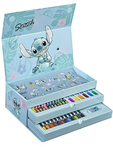 Undercover – stitch målarbox 44 delar – barn kreativt set med 3 fack fullt av måleri kul – vaxmålning färgpennor affisch klistermärke – för barn från 3 år