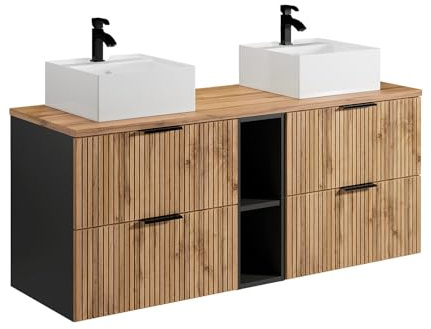 Vente-unique-Mueble de baño suspendido con estantes y Lavabo Cuadrado sobre encimera - Natural Claro - 140 cm - MADELA