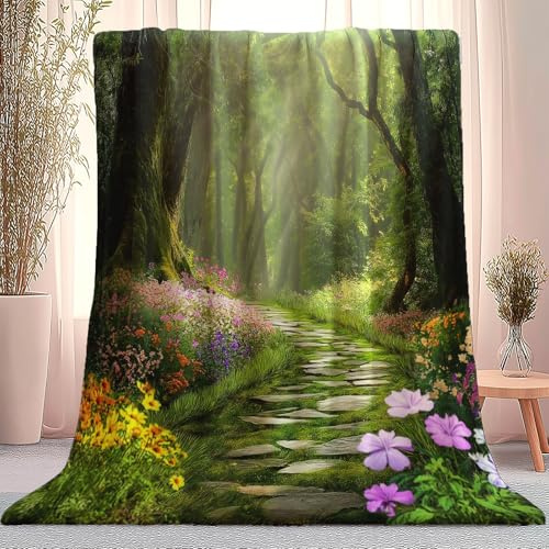 Kuscheldecke Flanell Fleecedecke Blumen Wald Baumstämme, für Wohnzimmer oder Schlafzimmer Grün Bedruckte Sofadecke, weich hautfreundlich pflegeleicht 150 x 200 cm