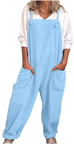 Womens Jumpsuits Clearance Casual Baggy Dungarees Ladies Solid Color Cotton Linen Straight Leg Overalls Loose Fit One Piece Playsuits with Pockets