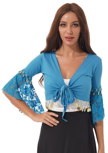 Hansber Costume da Danza del Ventre per Donne Top Manica A Tromba Blusa Corta Maglietta da Ballo con Pizzo Frange Nappe Top Avvolgente Senza Pancia Legatura Frontale Cielo Azzurro L