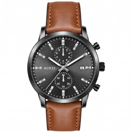 BUREI Herrenuhr Chronograph 44mm – Retro Armbanduhr Herren mit großem Zifferblatt & Lederarmband | Business, Casual, Sport | wasserdicht | Geschenk für Männer