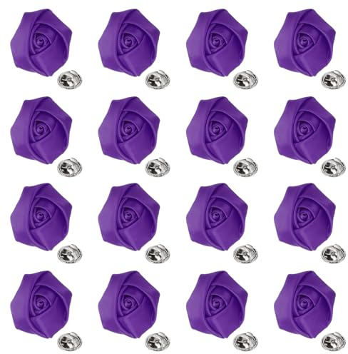 QUARKZMAN 16 Pcs de Flores de Solapa para Trajes de Hombres, Alfiler de Solapa de 2 Pulgadas para Hombres, Rosa de Satén Artificial Broche de Flores de Tela para Bodas, Morado Oscuro