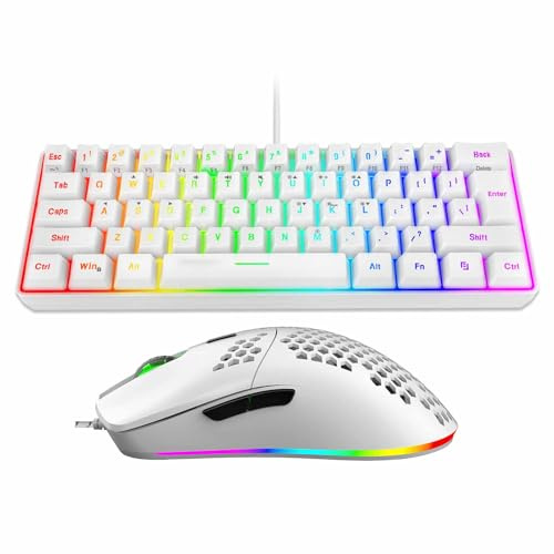 Plyisty Wired Gaming Keyboard and Mouse Combo, 61 Keys RGB Backlit Multimedia Keyboard and 6400 Moving Speed Ergonomic cutout Design Mouse for Gaming and Office (White Set)