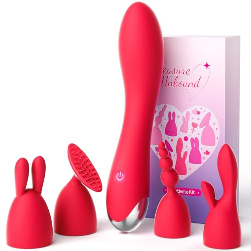 MOOLIGIRL Dildo Vibrator Kits, Women Sex Toys Adult Toy with 4 Replacement Silicone Heads, Rose Toys for Solo and Couples, 20 Modes Waterproof IPX6 G Spot Vibrators for Clitoral Nipple and Anal (Red)