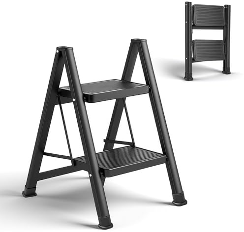 Teodute Escalera Plegable 2 Peldaños, Capacidad Máximacarga 150kg, Acero Carbono Aleado Escalera 2 Peldaños Plegable con Peldaños Anchos, para Lavaderos Cocinas Dormitorios y Garajes