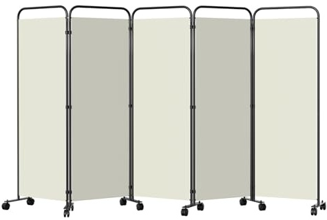 ISOISL Paravent, rumsavdelare vikbara på hjul 5 delar, 284 x 181 cm, väderbeständig paravent för kontor, trädgård, balkong, terrass, inomhus (beige)