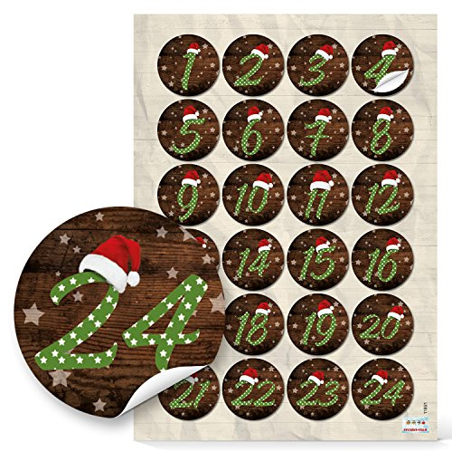 Adventskalender Zahlen Aufkleber, 24 Stück: Sticker Ziffern Kalender 1 bis 24, Zahlensticker Weihnachten, Zahlenaufkleber Advent, Adventskalenderzahlen zum Aufkleben, Klebezahlen, Etiketten, Ø 4 cm