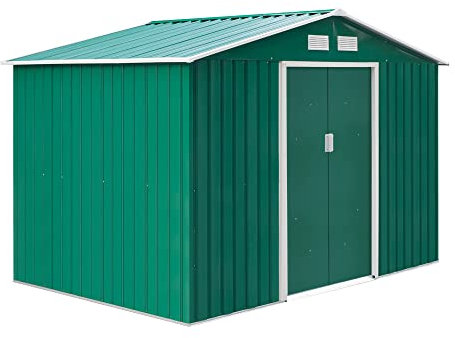 Outsunny Caseta de Jardín de Exterior Cobertizo de Jardín 4,9 m² 277x195x192 cm con 2 Puertas Corredizas Base Refuerzo (Suelo NO Incluido) para Patio Terraza Verde Oscuro