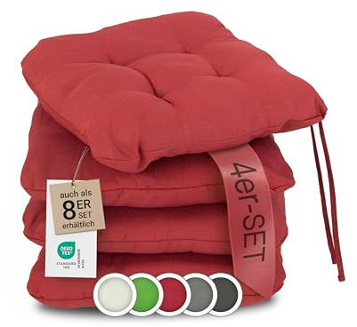 ZOLLNER 4er Set Sitzkissen in 38x38cm - gemütliche Stuhlkissen mit Bindebänder - waschbar bis 30°C - in rot - Oeko Tex® Zertifiziert