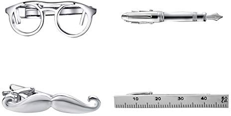 Yoursfs 4 Pcs Silver Funny Tie Clips Set For Men Unique Eye Glasses Tie Clip Stainless Steel Mustache Tie Clips Personalized Jewelry (Eye Glasses/Ruler/Pen/Mustache)