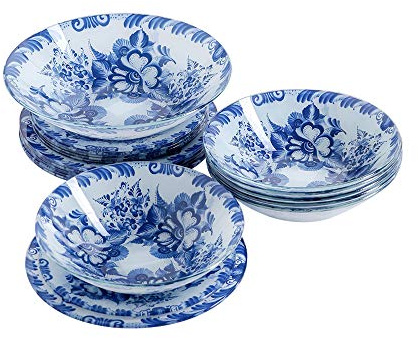 Gschel - Vajilla de 19 piezas de vidrio opal | Vajilla con diseño floral blanco y azul para 6 personas | Resistente a los golpes y microondas