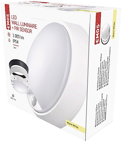 EMOS LED-Wandleuchte und Deckenleuchte mit Bewegungsmelder, rund, IP54 wasserdichte 14 W Außenleuchte für Balkon, Keller, Garage, Outdoor 1000 lm, warmweiß 3000K, 21,5cm ZM3131
