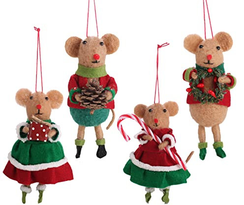 Handgefertigte Mäuse-Weihnachtsdekoration aus Wolle, Christbaumschmuck, Handarbeit aus Filz, Vintage-Wolltier in blau/rot, für Innenfenster, 4er-Pack