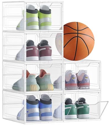SONGMICS Shoe Boxes, Plastic Shoe Storage Organisers with Clear Doors, Set of 6, Stackable, Easy Assembly, 27 x 34.5 x 19 cm, up to UK Size 10, White LSP032W06