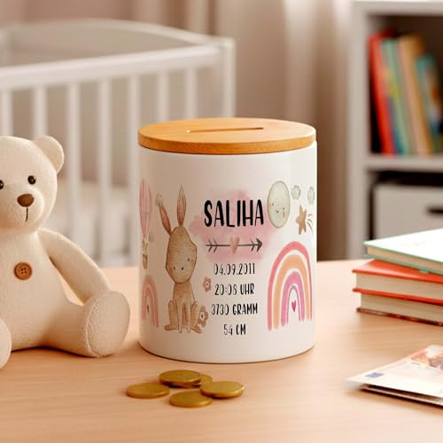 Hase Geburts-Daten Kinder-Spardose für Mädchen mit Namen personalisiert zur Einschulung Taufe Geburtstag Geburt Sparschwein Geldgeschenk Kinderspardose