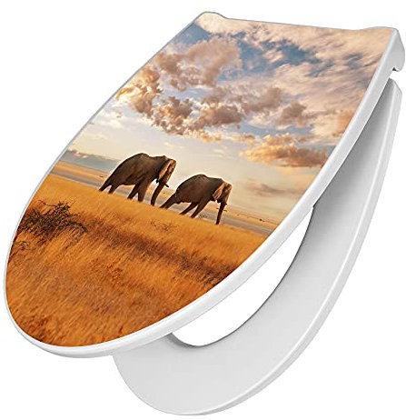 banjado Premium Toilettendeckel mit Absenkautomatik 45x38,4cm / WC Brille Soft Close/hygienischer Toilettendeckel/Klodeckel Duroplast mit Edelstahl Scharnier/Motiv Elefanten
