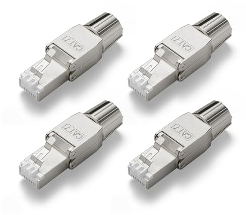 VCELINK RJ45 Stecker CAT7 werkzeuglos, Netzwerkstecker CAT7/CAT6A | 10 Gbit/s, für 22–24 AWG Kabel, geschirmt, PoE-kompatibel, Metalllasche, geeignet für Heimnetzwerk & Büro, 4 Stück