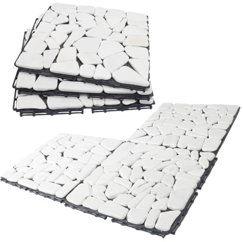 DIY Deck Tiles Natural Patio Marble Floors, Outdoor Garden Terraces Balcony Floors, Decking Easy to Install, Efficient Drainage (White)