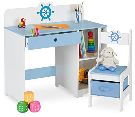 Relaxdays Schreibtisch und Stuhl für Kinder, Schublade & 2 offene Fächer, Seefahrt-Motiv, Kinderzimmermöbel, blau/weiß