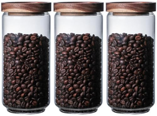 Danmu Art 1000ml Glass Storage Jars with Airtight Wood Lids - Stackable Food Storage Containers for Pasta,Coffee Beans,Cereal - Set of 3