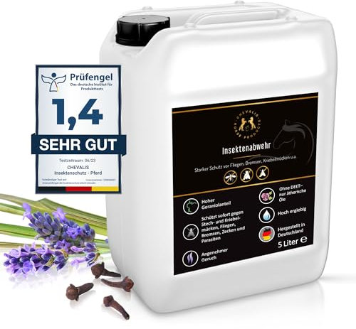 CHEVALIS Fliegenspray & Insektenschutz Pferd 5L Kanister, Für Pferd und Reiter, Sofortiger Schutz gegen Bremsen, Fliegen, Kriebelmücken, Zecken, Alt bewährtes Rezept mit ätherischen Ölen und Geraniol