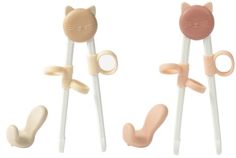 COOLABLE 2 Pares de Palillos de Entrenamiento para Niños, Palillos de Aprendizaje, Palillos Chinos para Principiantes, Palillos de Entrenamiento con Temática de Gato - Vainilla/RosaPálido