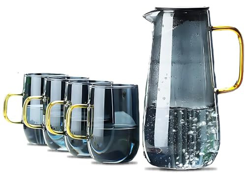 Anko Collection Juego de jarras de vidrio – Juego de jarra de agua de vidrio de 1,6 L con 4 tazas y filtro – Elegante jarra de agua para nevera, té, jugo, café – Jarra de vidrio de borosilicato