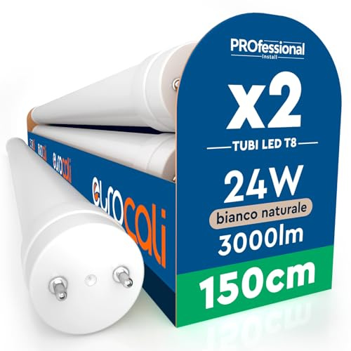 Eurocali 2 Tubi LED 24W 150cm T8 G13 SMD con Starter 3000 Lumen Garanzia 3 Anni - Luce Naturale 4000K - Alta Luminosità 125 lm/W - Materiale Nano Plastic Sostituzione Neon per Soffitto Garage Negozio