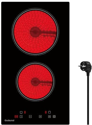 Gudsunal Placa Vitrocerámica Dominó con 2 fuegos, 3000W, enchufe, empotrada, 9 niveles de temperatura, temporizador de 1 a 99 minutos, apagado automático, cerradura de seguridad para niños