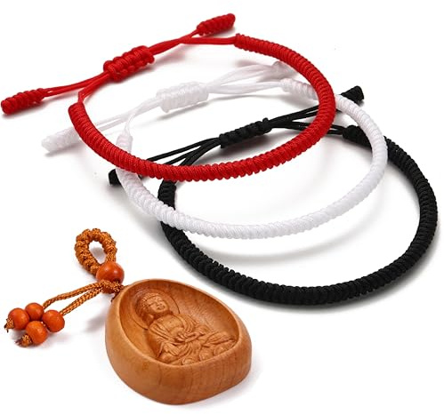 LUCKY BUDDHIST 3 Bracciali Tibetani Buddisti Regolabili – Bracciali in Corda Intrecciata per Uomo e Donna – Include Portachiavi Buddha in Legno