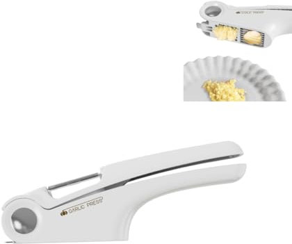 2 in 1 Garlic Press,Garlic Press Stainless Steel,Garlic Peeler & Garlic Cleaning Tool,Easy-to-Squeeze Garlic Slicer,Ergonomic Handle Rust Proof Dishwasher Garlic Press /95 (Color : White)