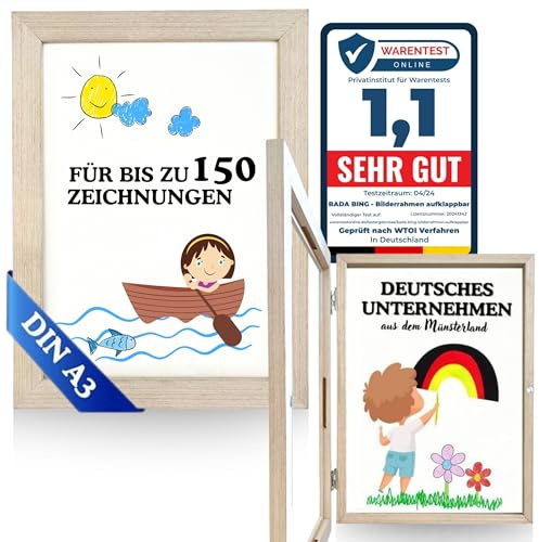 Bada Bing Bilderrahmen A3 für Kinderzeichnungen in Holz Optik - Kunstfotorahmen aufklappbar mit Frontöffnung für bis zu 150 Kinderbilder - Befüllbarer Fotorahmen - Rahmen zum Sammeln von Bildern | Kunstfotorahmen aufklappbar mit Frontöffnung für bis zu 150 Kinderbilder - Befüllbarer Fotorahmen