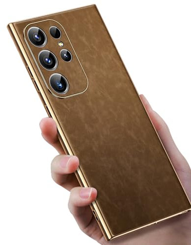 LUOTILAG Sottile Cover per Samsung Galaxy S24 Ultra/S24 Plus/S24, Aziendali Placcatura Custodie in Pelle con Protezione Dell'obiettivo Leggero Antiurto Cover,Ottone,S24 Plus