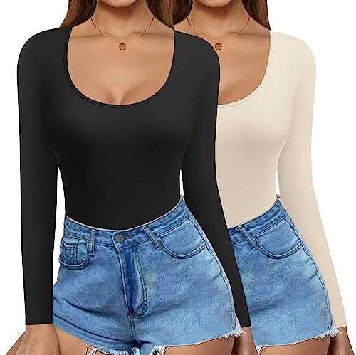 Ekouaer 2 Pack Long Sleeve Slim Fit T Shirt Thermal Tops Womens Scoop Neck Tops Shirts Basic Tight Tee, S-XXL