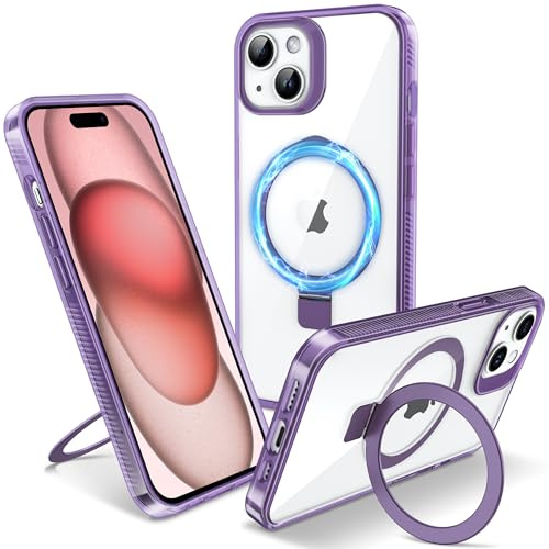 Flyzoo Magnetic Kickstand Case for iPhone 15, [Compatible with MagSafe & Invisible Ring Stand Holder] [Non-Yellowing & Shockproof] Clear Transparent Hard Silicone Edge Cover, 6.1'', Clear Purple