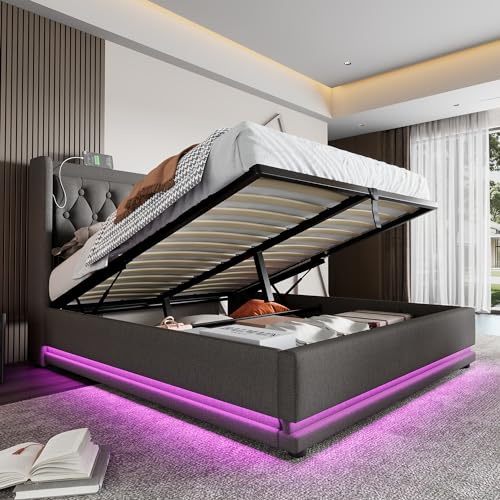Polsterbett 140x200 cm, LED Doppelbett mit Stauraum und Lattenrost, Kopfteil mit USB Typ C Ladefunktion, Hydraulisch Stauraumbett Funktionsbett Jugendbett Rückenlehne Bettgestell, Grau, Ohne Matratze