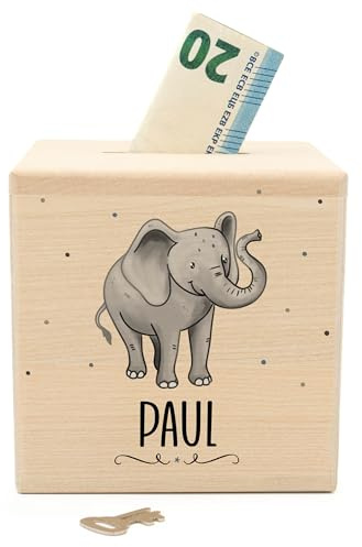 Muckelmeister Spardose Kinder Personalisiert mit Namen aus Holz - Elefant | 10x10x10cm, Spardose mit Schloss und Schlüssel, Nikolaus Geschenk Kinder Weihnachten, originelle Geschenke zur Geburt
