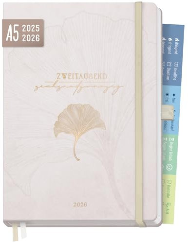 Häfft® Chäff-Timer Premium Kalender 2025/2026 A5 Beige Ginkgo Buchkalender, Terminplaner, Terminkalender, Wochenplaner, Wochenkalender 18 Monate: Juli 25 bis Dez 26 - nachhaltig & klimafreundlich