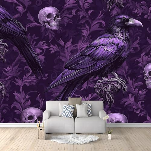 Gothic Raven Skull Wallpaper Mural, Dark Purple Victorian Damask Design, Large Non-Woven Wall Mural 250 × 175 cm, Paste-the-Wall Multi-Panel Photo Wallpaper for Living Room & Bedroom Decor