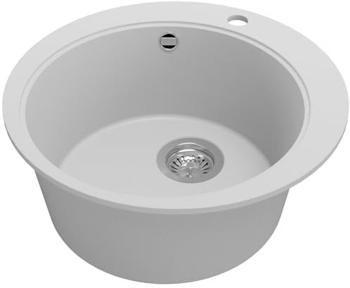 PRIMAGRAN Lavello Rotondo Grigio 50x50cm, Lavandino in Granito a 1 vasca + Sifone Classico, Lavabo da Cucina Incasso al mobile 45cm - Pise S005
