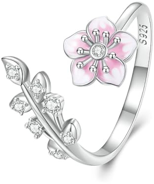 IMINI Bague réglable en argent sterling S925 avec motif feuille de cerisier hypoallergénique avec cristaux de zircone cubique rose pour femmes et filles, bagues de fiançailles et de fiançailles,
