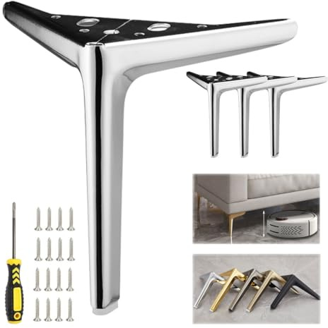 4Pcs Stainless Steel Legs for Furniture Metal Furniture Feet, Modern Style Replacement Sofa Legs Black Gold Silver with Non Slip Rubber Pads 4 5 6 7 8 10(Silver,H 8''/20cm)
