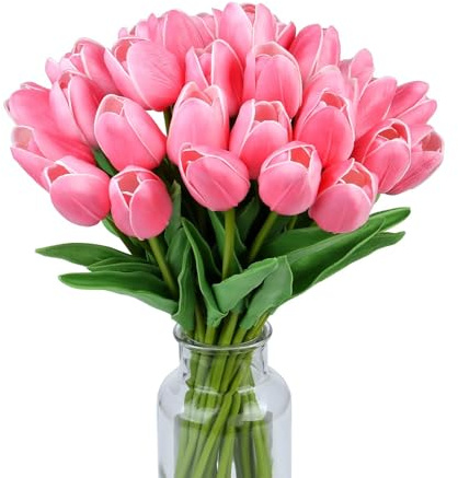 Sahoottie 15Pcs Artificial Tulips Fake Tulips Artificial Flowers Indoor Tulip Artificial Flowers Real Touch Bouquets for Wedding Spring Home Decoration (Rose Pink)