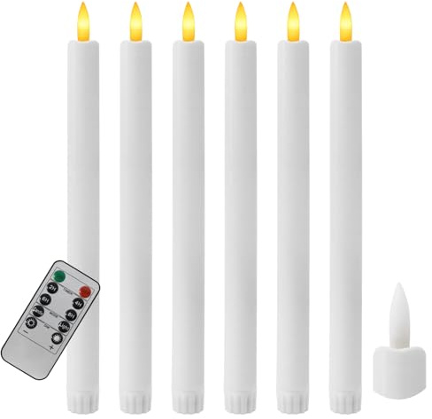 kisidus LED Stabkerzen mit Fernbedienung, Flammenlose Tafelkerzen mit Timerfunktion, LED Kerzen 6 Stück für Weihnachten, Heimdekoration, Weiss