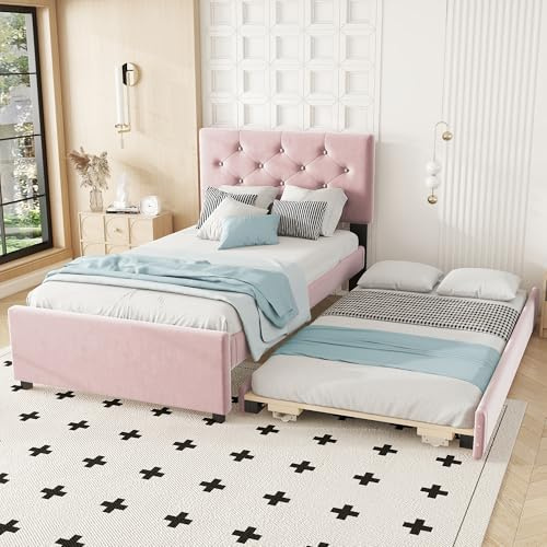 TOBIDOEN Polsterbett Kinder 90x200 cm mit Ausziehbett, Bett Ausziehbar zum Doppelbett, Jugendbett Kinderbett Rollbett mit Lattenrost für Jungen und Mädchen, Ohne Matratze, Samtstoff (Rosa)