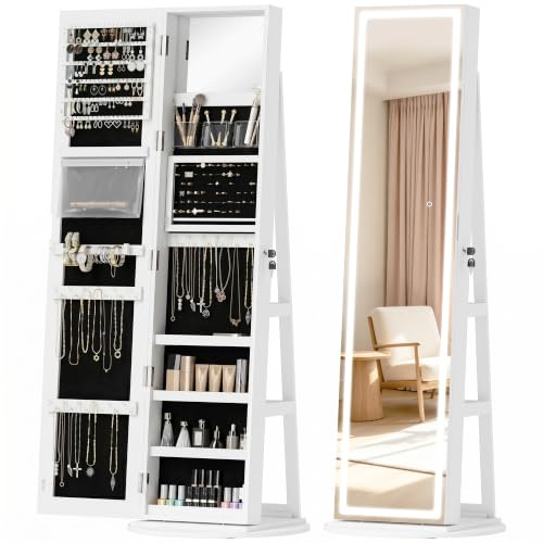 HOMCOM Mirror Jewellery Cabinet, Full Length Mirror, 3-Colour LEDs, White | Lockable Jewellery Organiser, Free Standing, Storage for Earrings, Necklaces, Rings and Lipsticks