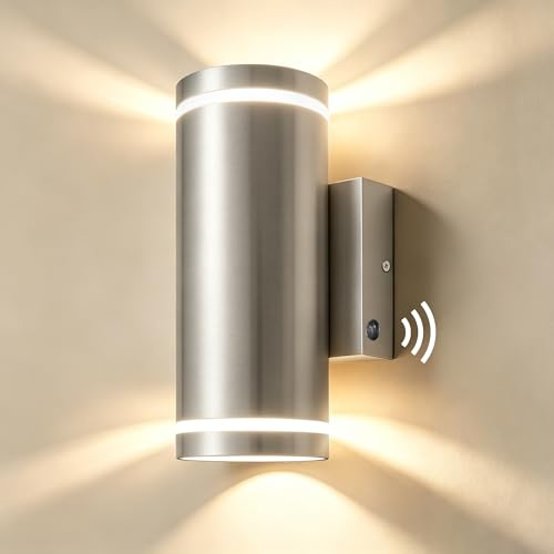 JNR Außenlampe mit Dämmerungssensor, Edelstahl Aussenleuchte, Silber | Edelstahl, IP65 Wasserdichte LED Aussenlampe mit Lichtsensor Außen inkl. 2x 5W GU10 3000K Warmweiß Glühbirne
